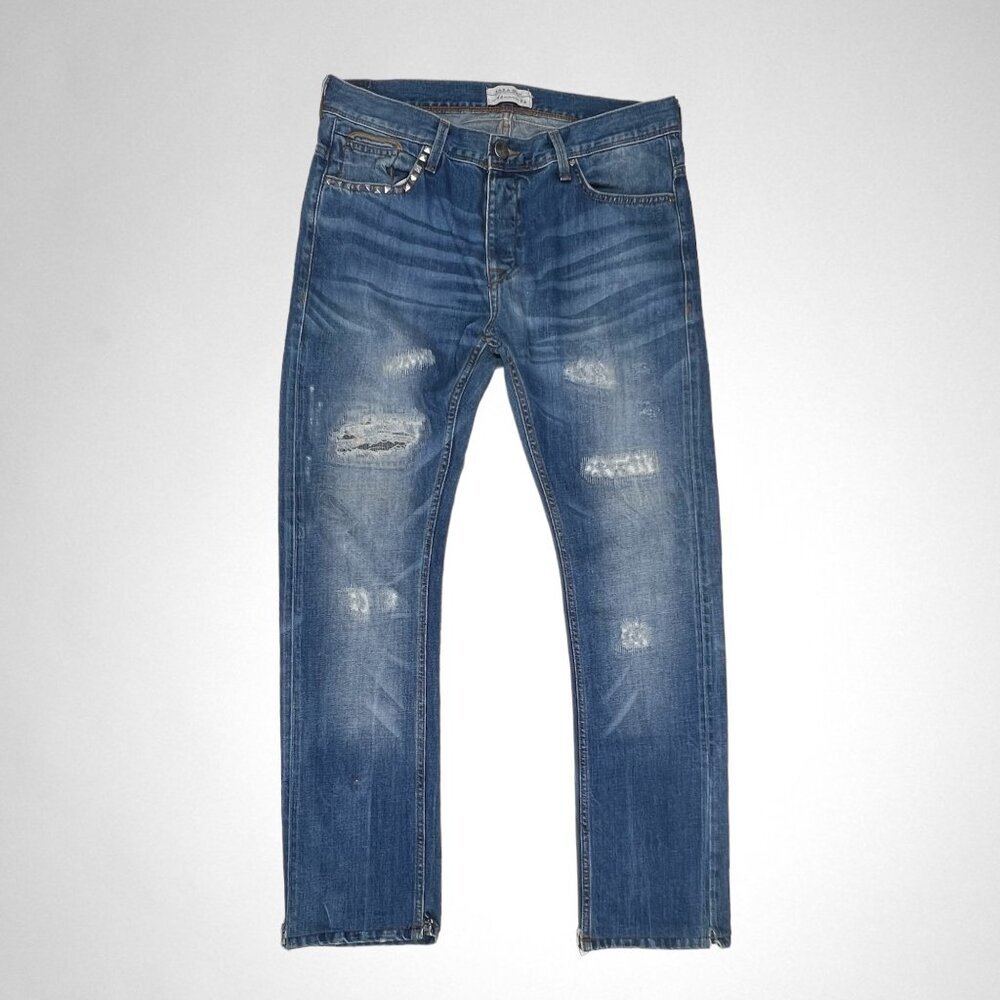 ZARA MAN 32 x 30 Blue Distressed Straight Jeans Casual Streetwear
